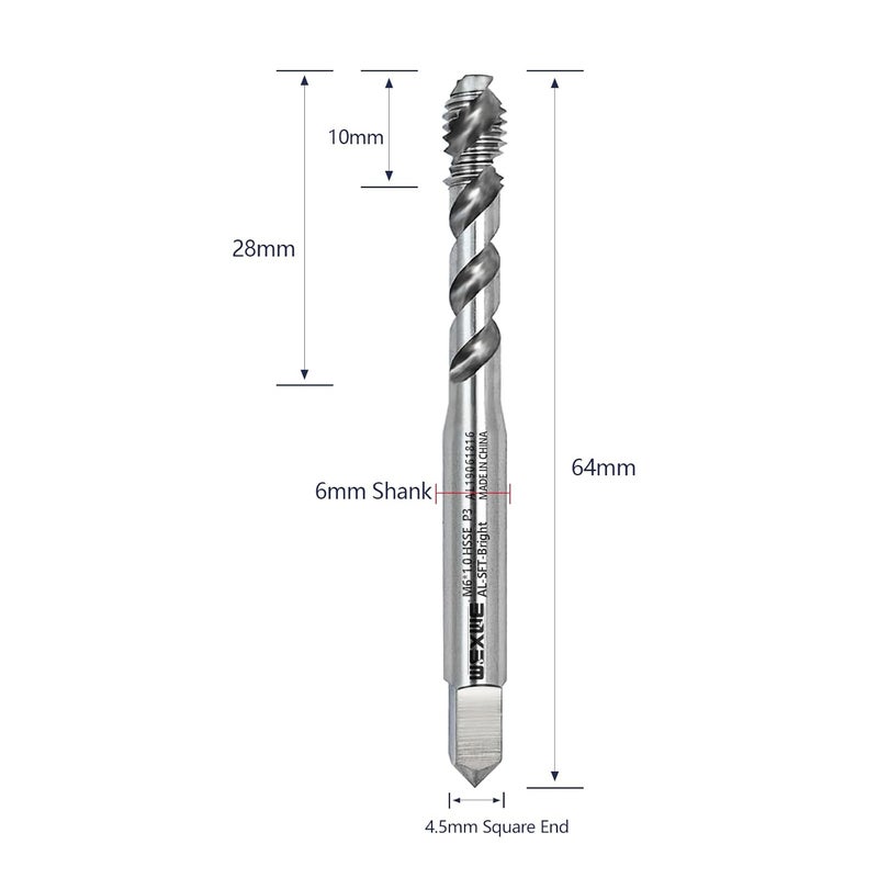 WEXWE Store WEWEXWE Tools M6 x 1.0 Spiral Flute Thread Tap, Metric Machine Threading Tap High Speed Steel Cobalt(HSSCo), Bright for Aluminum Cutting,Round Shank with Square End, H2 Tolerance, 1pcs - Image 2